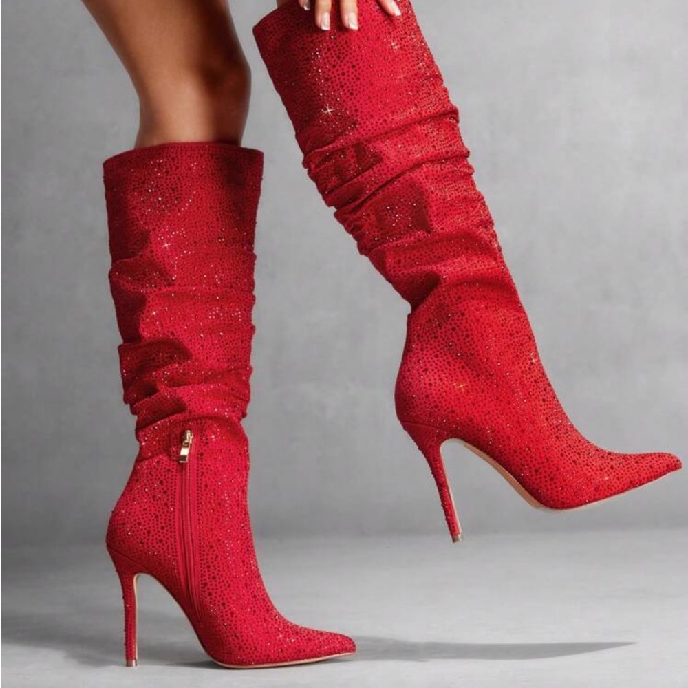 Red Rhinestone Stiletto Knee-High Boots - Women's Fashion Boots